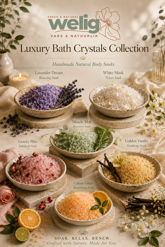 Advertisement for Welig Luxury Bath Crystals Collection with various bath crystals in bowls.