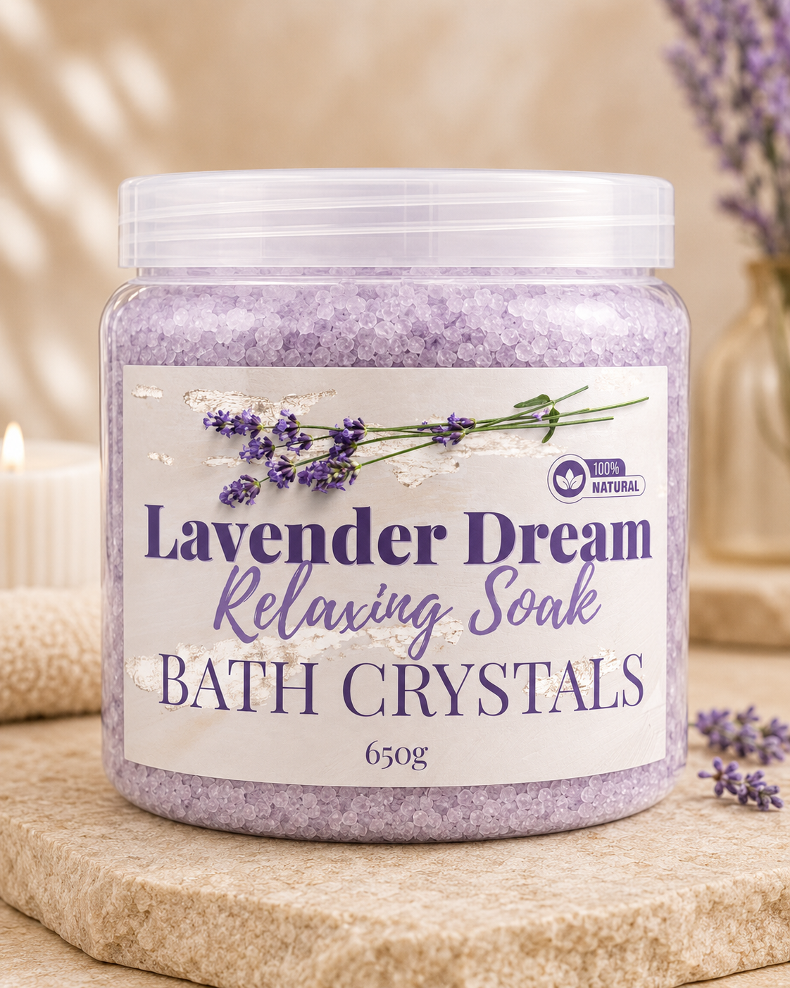 Jar of Lavender Dream Relaxing Soak Bath Crystals with lavender flowers on a wooden surface.