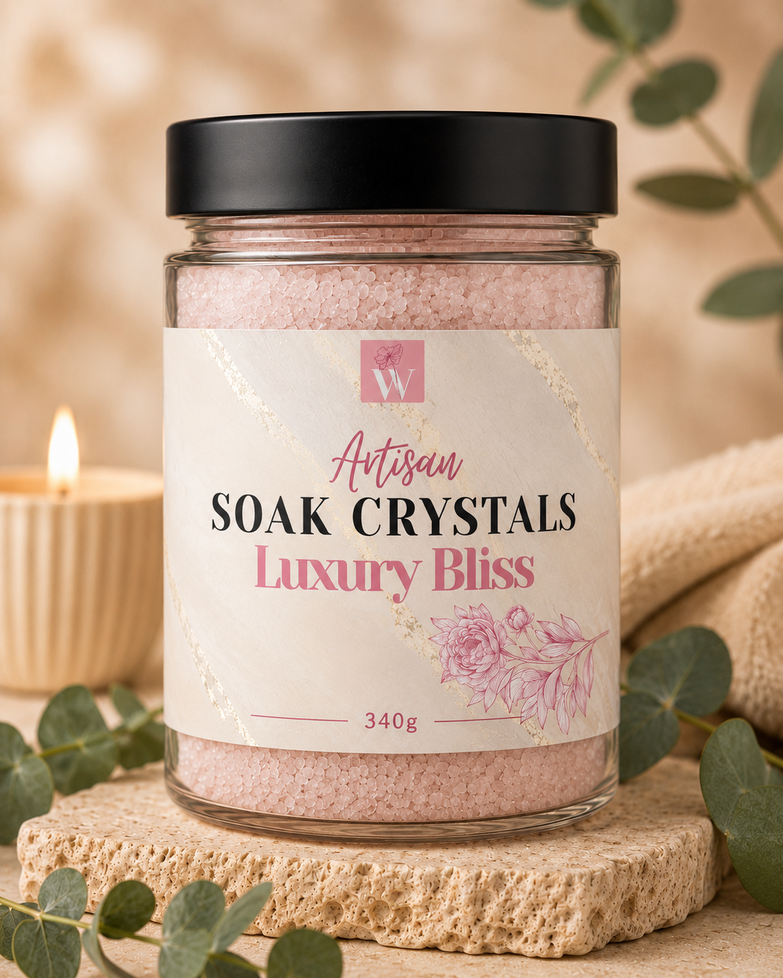 Jar of Artisan Soak Crystals with a decorative label on a neutral background