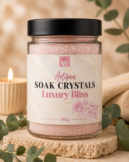 Jar of Artisan Soak Crystals with a decorative label on a neutral background