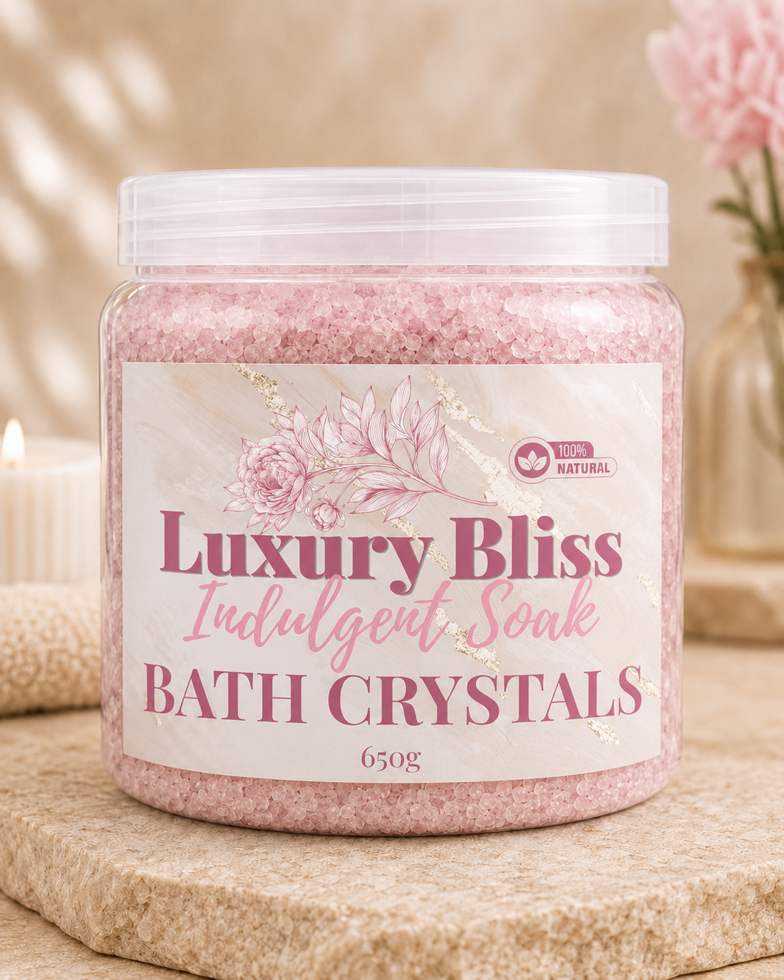 Jar of 'Luxury Bliss' bath crystals with a decorative label on a neutral background.