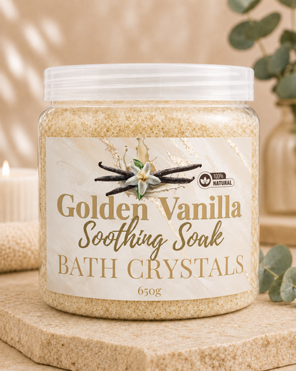 Jar of Golden Vanilla Soothing Soak Bath Crystals on a wooden surface with a blurred background